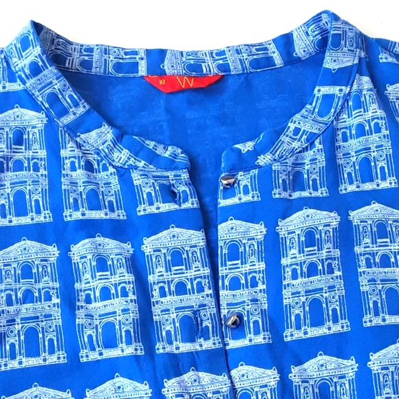 WFORWOMAN Kurta Mandarin Collar Building Print Button Down Tunic Top Sz 10 - Picture 8 of 8